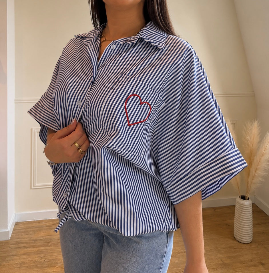 Chemise Oversize Coupe Large Broderie Coeur Sur la Poche