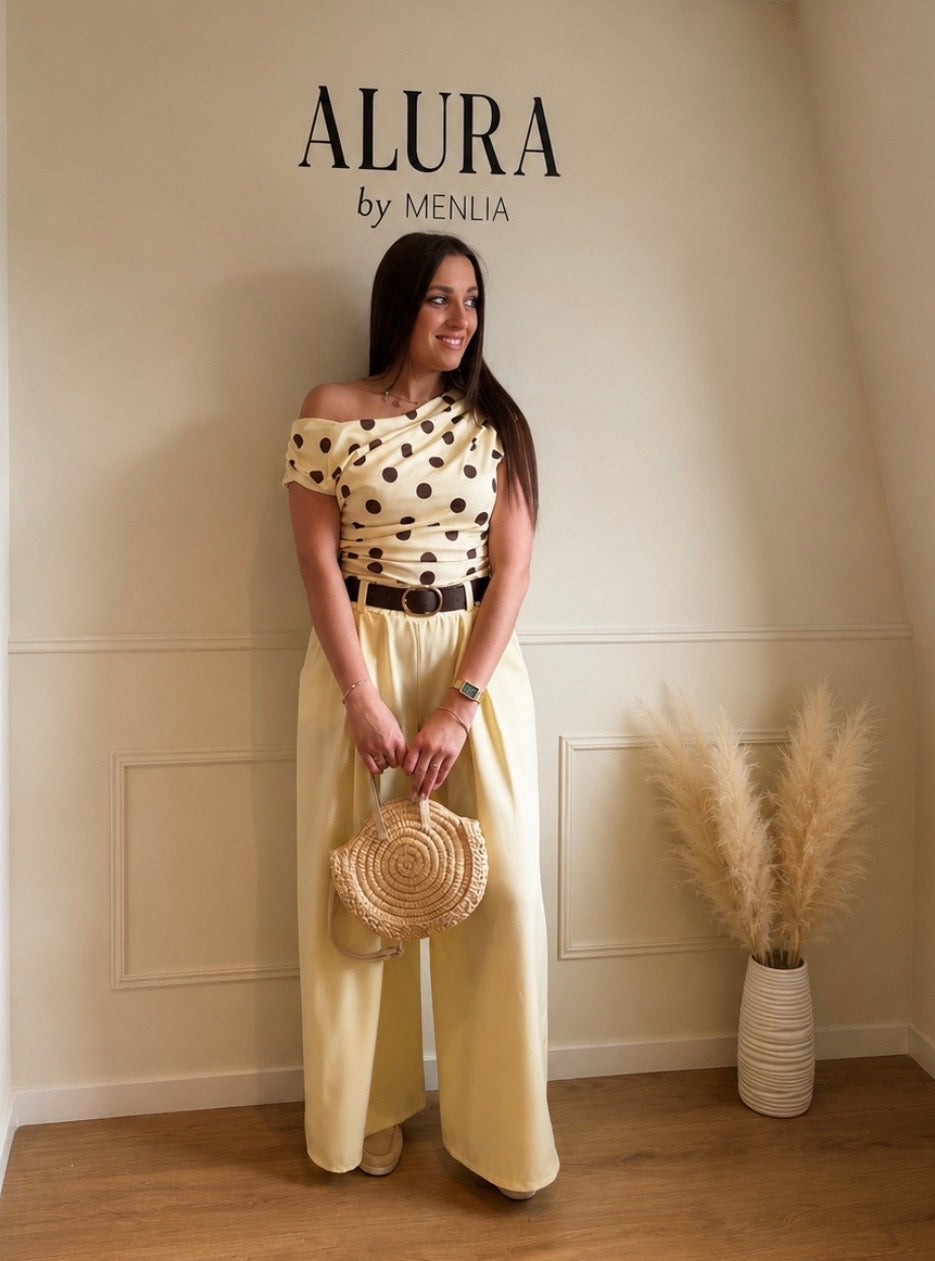 Pantalon Évasé Large Chic Avec Ceinture Marron