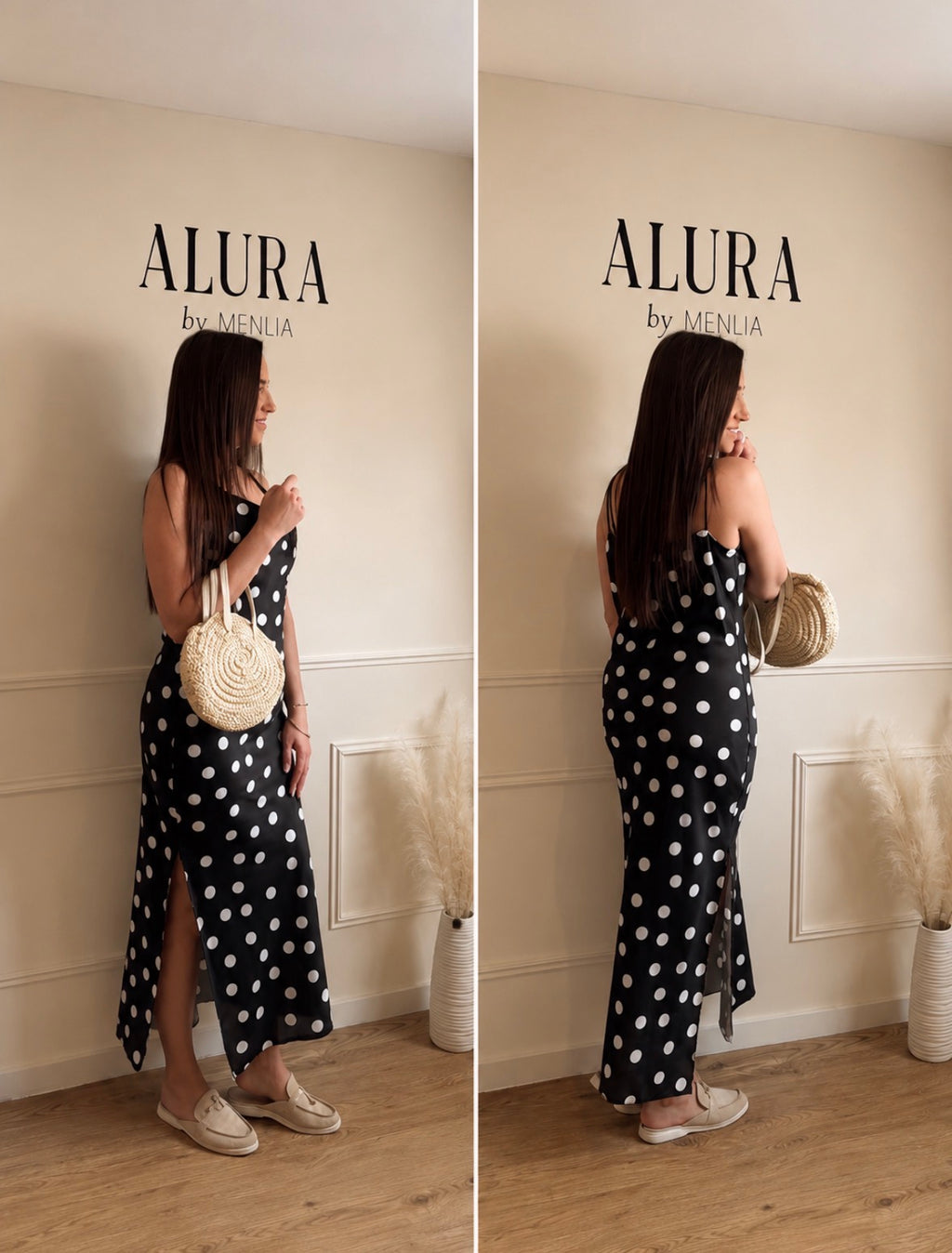 Robe Satinée Imprimé Pois Avec Fente