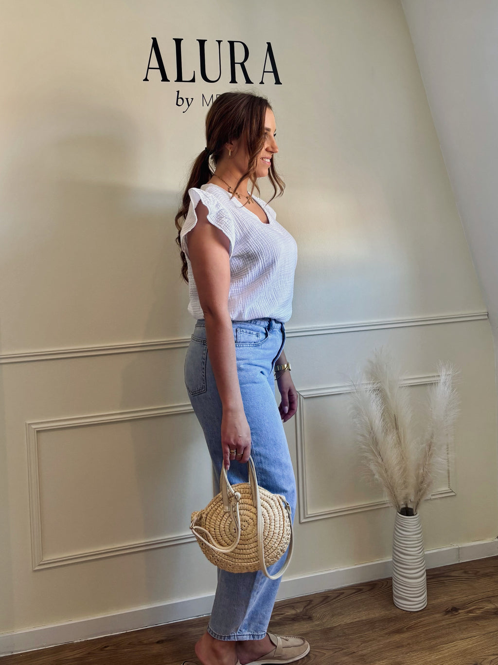 Top gaze de coton col V manches volantes
