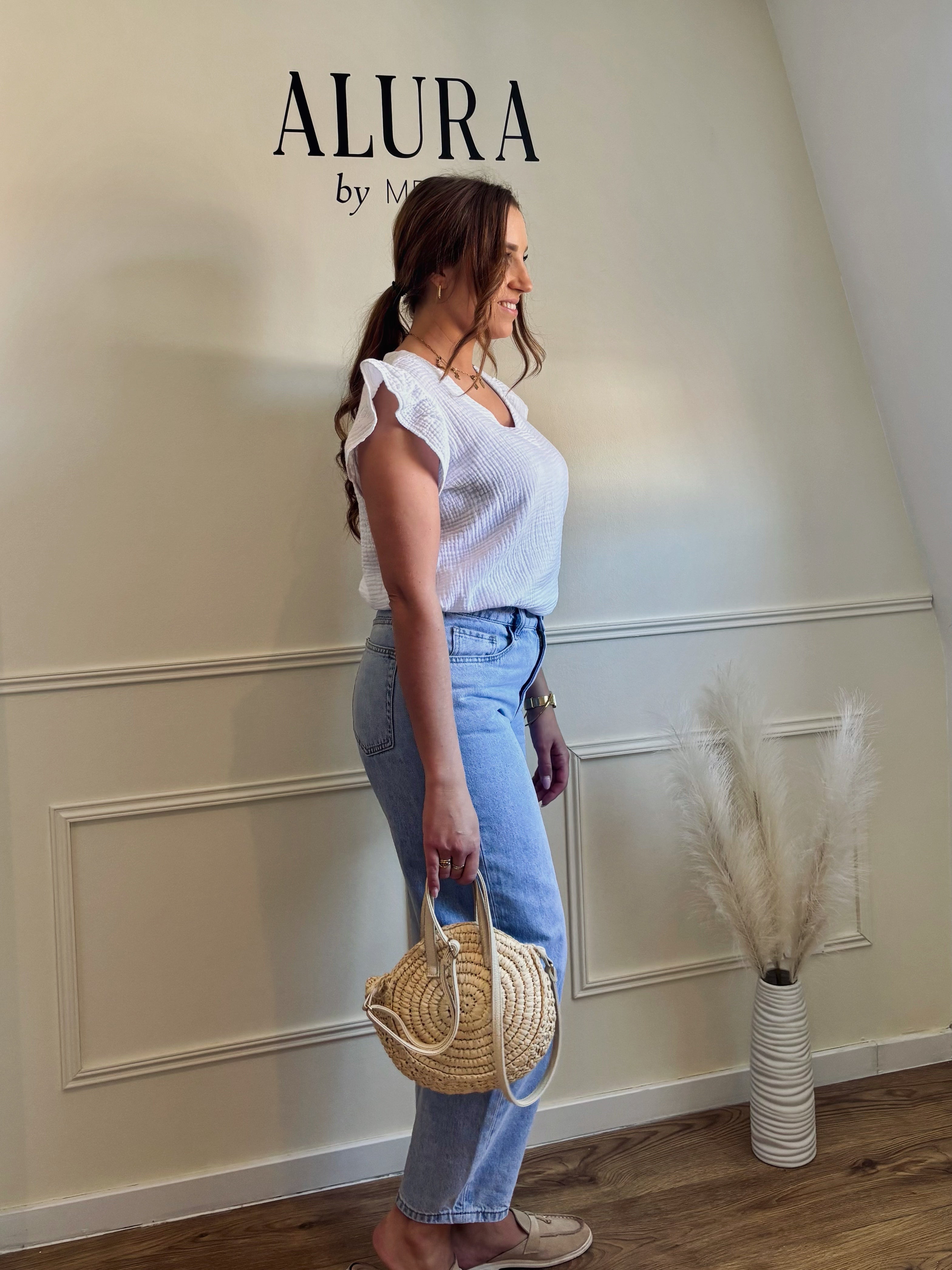 Top gaze de coton col V manches volantes
