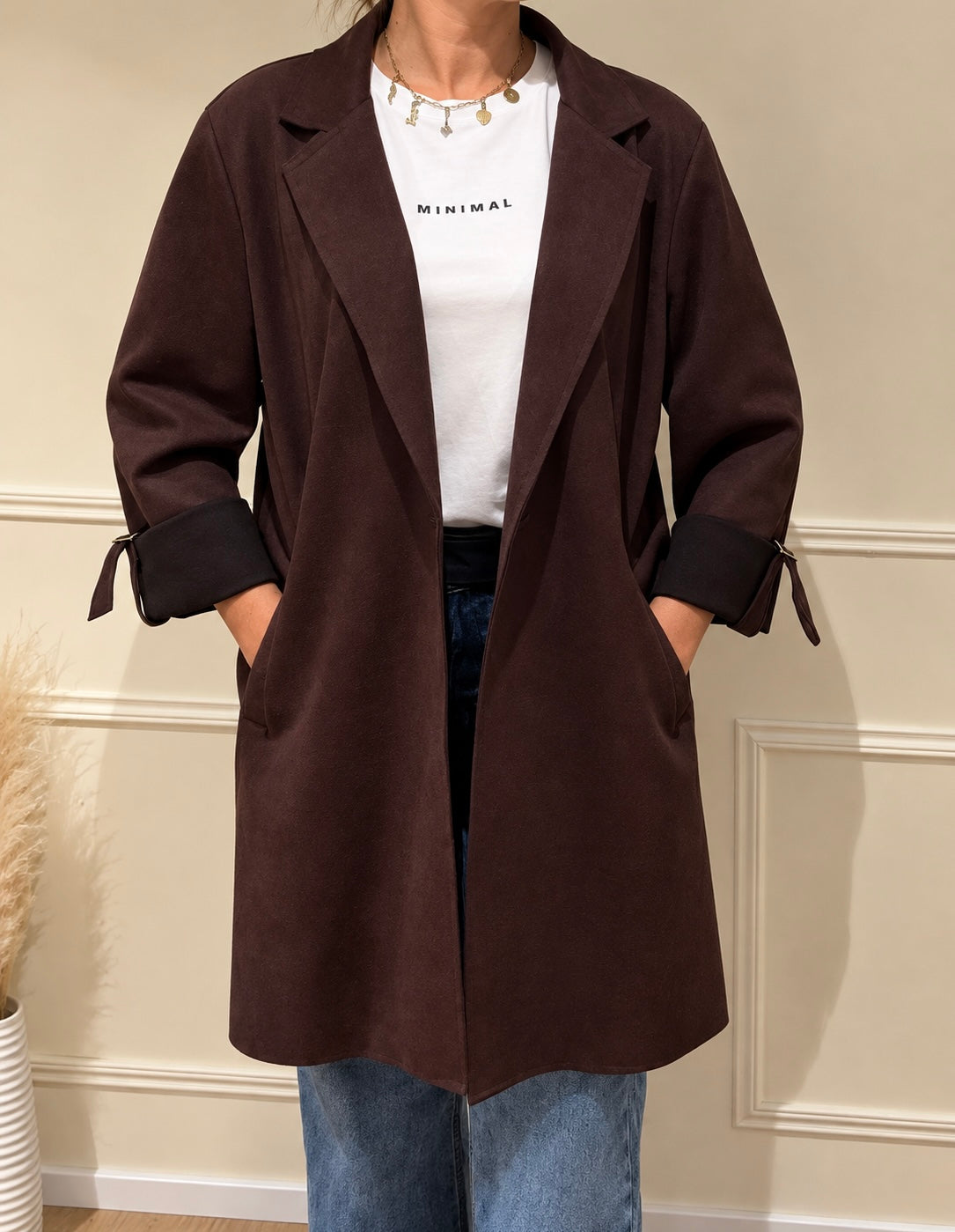 Veste Longue en Suédine – Coupe Droite Oversize