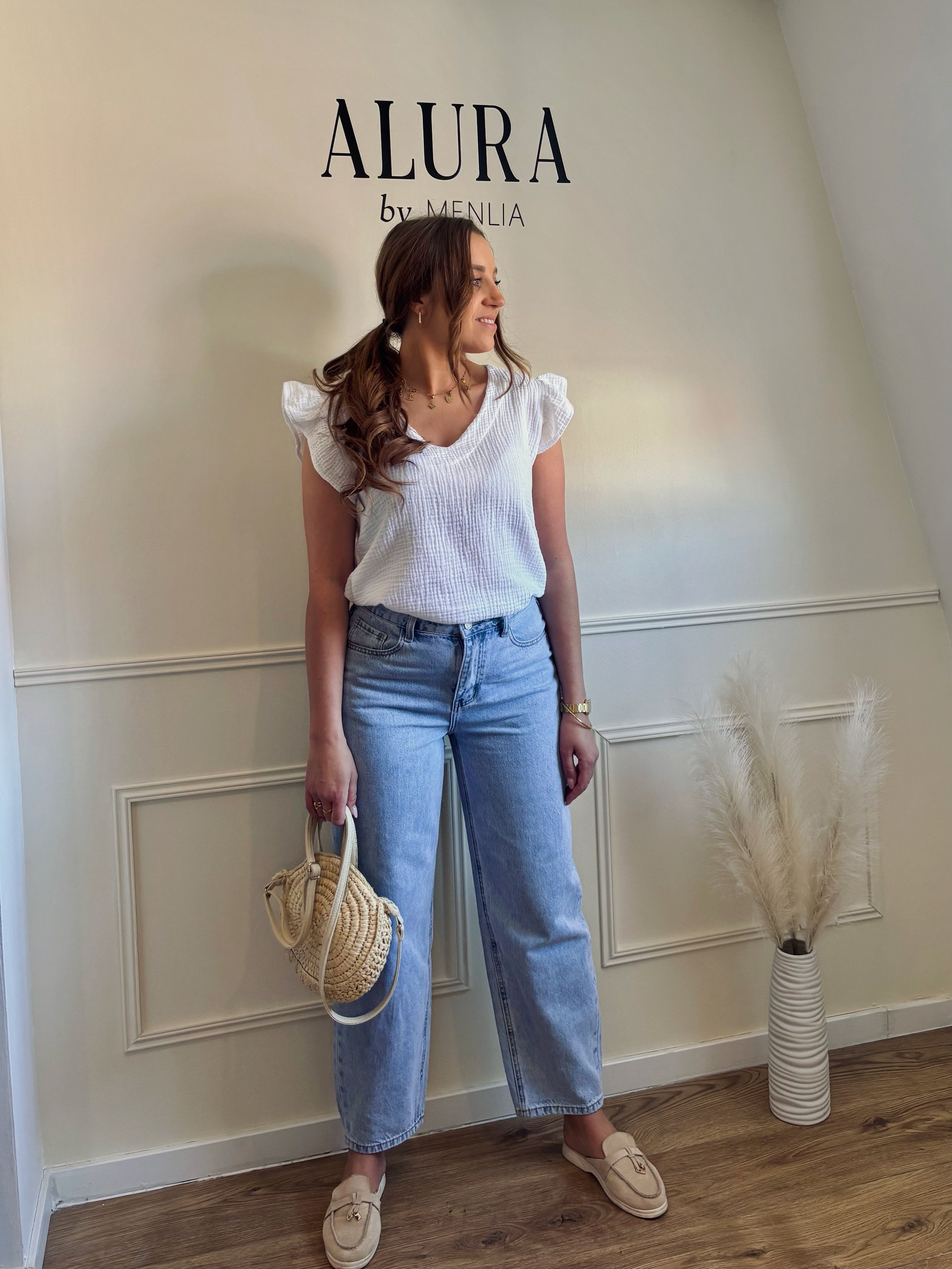 Top gaze de coton col V manches volantes
