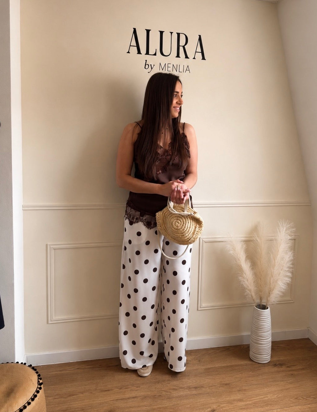 Pantalon Viscose Large Imprimé Pois Avec Poches Fonctionnelles